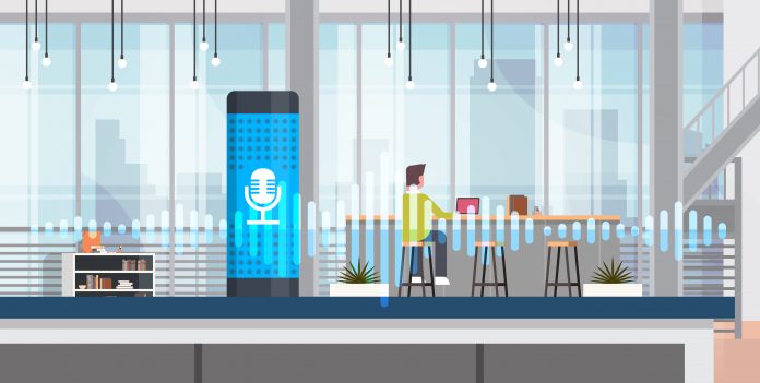 working intelligent voice activated assistant recognition technology concept office interior background smart ai speaker hi tech futuristic artificial intelligence speech horizontal flat workplace del futuro
