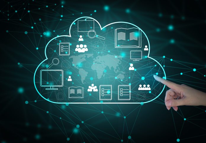 Cloud data storage and businessman's hand. Information exchange Soldo