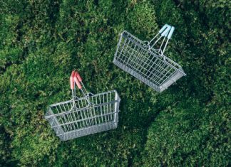 Sustainable,Lifestyle.,Top,View,Of,Supermarket,Shopping,Basket,On,Green