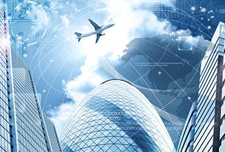 Business futuristic skyscraper banner with programm code