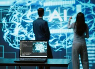 IT professionals using artificial intelligence augmented reality hologram