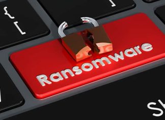 Ransomware red button on keyboard, 3D rendering