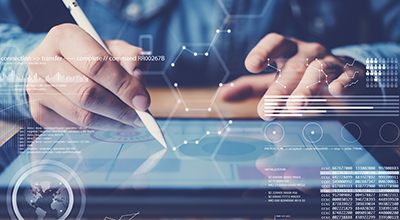 Concept of virtual diagram,graph interfaces,digital display,connections icon.Man using stylus pencil on display of contemporary electronic tablet.Blurred background. Horizontal. data-literacy