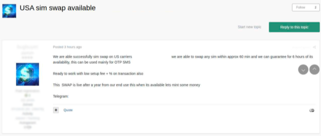 Un post su un forum del dark web che offre un servizio di SIM swapping. Dati raccolti da NordLayer Intelligence di NordStellar